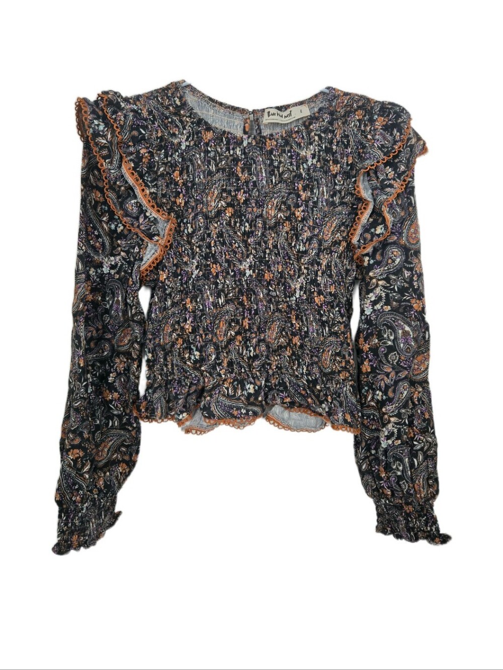 Three Bird Nest Black Paisley Smocked Ruffle Blouse with Orange Trim